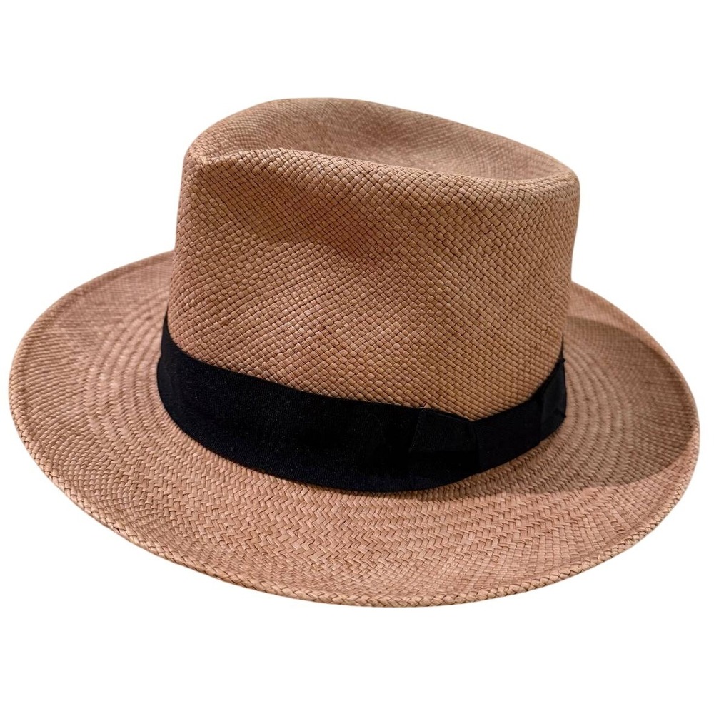 El Galpon Genuine Panama Hat Tan Natural Straw Fedora Black Band Made in Ecuador - Picture 3 of 6